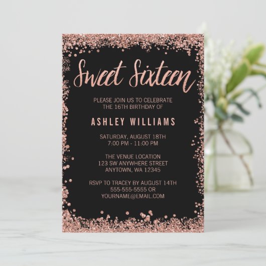 Sweet 16 Black Rose Gold Imitate Glitzer Geburtsta Einladung (Stehend Vorderseite)