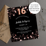 Sweet 16 Black Rose Gold Stars Einladung<br><div class="desc">Ein klassischer schwarzer Hintergrund mit goldenen Sternen aus der Rose. Personalisieren und fügen Sie einen Namen und Party-Details hinzu. Nummer 16 wird mit einem Ballonstil-Skript geschrieben. 1 Blatt = 1 Einladung mit Druckkante bis Kante.</div>