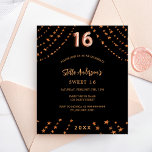 Sweet 16 Black Rose Gold Stars Einladung Flyer<br><div class="desc">Bitte beachten Sie, dass diese Einladung auf Flyer Papier und sehr dünn ist. Umschläge sind nicht enthalten. Für dickere Einladungen (gleiche Gestaltung) besuchen Sie bitte unseren Shop. Für eine elegante Sweet 16, 16. Geburtstagsfeier. Ein schwarzer Hintergrund. Dekoriert mit goldenen Sternen der Rose. Personalisieren und fügen Sie einen Namen, Party Details,...</div>