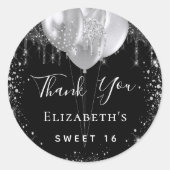 Sweet 16 Black silber Glitzer Name Vielen Dank Runder Aufkleber (Vorderseite)