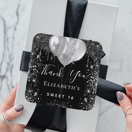 Sweet 16 Black silber Glitzer Name Vielen Dank Runder Aufkleber