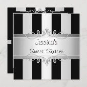Sweet 16 Black & Silver Stripe Jewel Party Einladung (Vorne/Hinten)