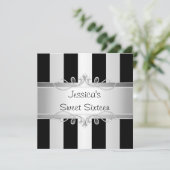 Sweet 16 Black & Silver Stripe Jewel Party Einladung (Stehend Vorderseite)