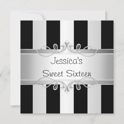 Sweet 16 Black & Silver Stripe Jewel Party Einladung (Vorderseite)