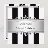Sweet 16 Black & White Stripes Silver Jewel Party Einladung (Vorne/Hinten)