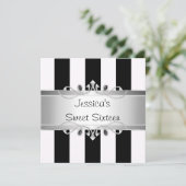 Sweet 16 Black & White Stripes Silver Jewel Party Einladung (Stehend Vorderseite)