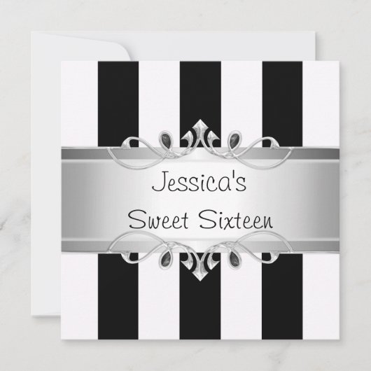 Sweet 16 Black & White Stripes Silver Jewel Party Einladung (Vorderseite)
