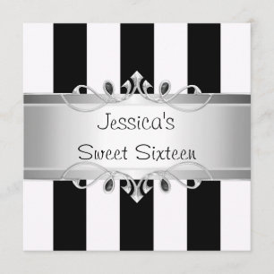Sweet 16 Black & White Stripes Silver Jewel Party Einladung