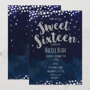 Sweet 16 Blau & Silber Sternen Nacht Geburtstagsfe Einladung