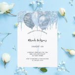 Sweet 16 blaue Ballons Glitzer Tropfen Luxus Einladung<br><div class="desc">Ein weißer Hintergrund. Dekoriert mit hellblauen Imitate Glitzer Tropfen,  Farbe Tropflook und Ballons. Personalisieren und einen Namen und Party Details.</div>