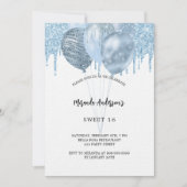 Sweet 16 blaue Ballons Glitzer Tropfen Luxus Einladung (Vorderseite)