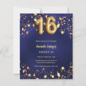 Sweet 16 blaue goldene Sterne Einladung (Vorderseite)
