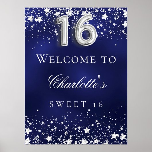 Sweet 16 blaue Silberstars heißen Party willkommen Poster (Vorne)