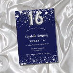 Sweet 16 blaue Sterne Einladungspostkarte<br><div class="desc">Eine moderne,  stilvolle und glamouröse Einladung zu einer Sweet 16. Geburtstagsfeier. Ein marineblau-blauer Hintergrund,  mit Imitaten verziert,  die silberne Sterne tragen. Personalisieren Sie Ihren Namen und Ihre Party-Daten und fügen Sie diese hinzu. Nummer 16 wird mit einem Schriftart im Ballonstil geschrieben.</div>
