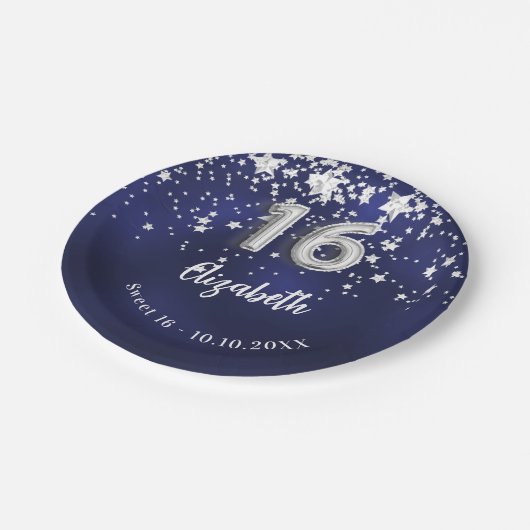 Sweet 16 blaue Sterne Pappteller (Schrägansicht)