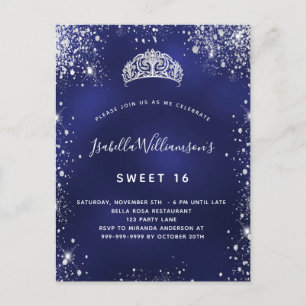 Sweet 16 blauen Glitzer Staub Tiara Krone Einladungspostkarte