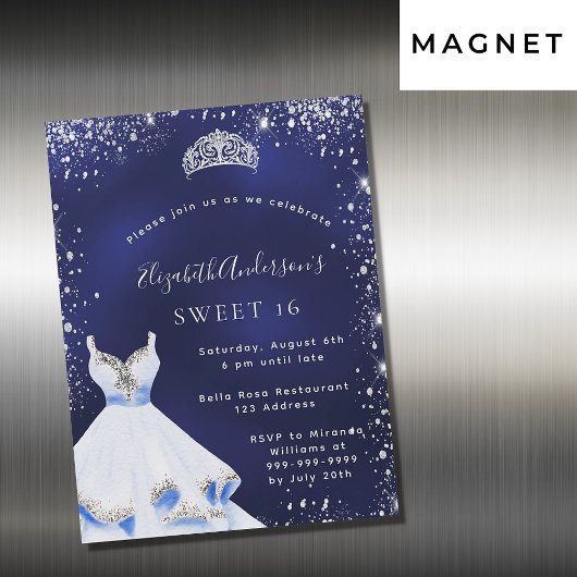 Sweet 16 blauen silbernen Glitzer Kleid tiara glam Magneteinladung
