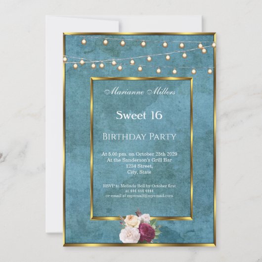 Sweet 16 Blue Aquamarin Gold Fairy Lights Rose Einladung (Vorderseite)