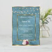 Sweet 16 Blue Aquamarin Gold Fairy Lights Rose Einladung (Stehend Vorderseite)