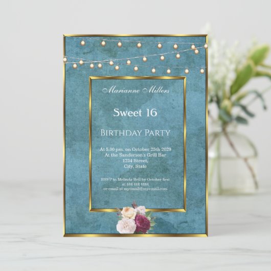 Sweet 16 Blue Aquamarin Gold Fairy Lights Rose Einladung (Stehend Vorderseite)
