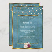 Sweet 16 Blue Aquamarin Gold Fairy Lights Rose Einladung (Vorne/Hinten)