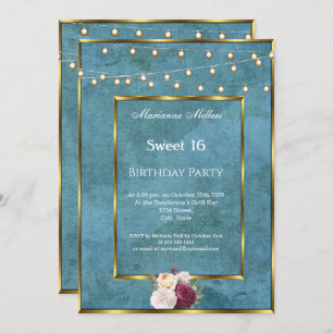 Sweet 16 Blue Aquamarin Gold Fairy Lights Rose Einladung