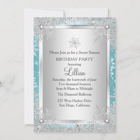 Sweet 16 Blue Diamond Snowflake Winter Wonderland Einladung (Rückseite)