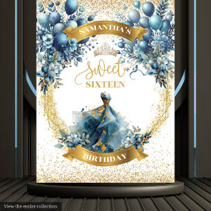 Sweet 16 Blue Dress Watercolor Gold Glitzer Wandteppich