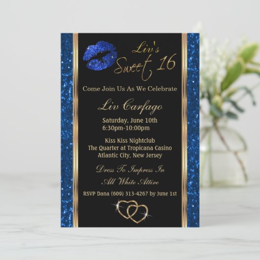 Sweet 16 Blue Glitzer Einladung (Stehend Vorderseite)
