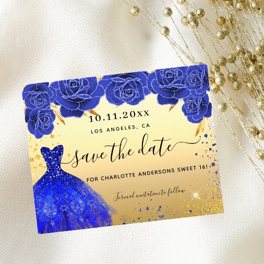 Sweet 16 blue gold dress budget Save the Date