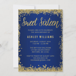 Sweet 16 Blue Gold Glitzer Geburtstag Einladung