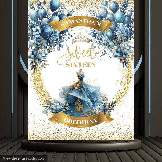 Sweet 16 Blue Gold Watercolor Sparkle Hintergrund Wandteppich