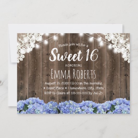 Sweet 16 Blue Hydrangea Blume String Lights Einladung (Vorderseite)