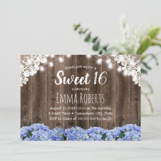 Sweet 16 Blue Hydrangea Blume String Lights Einladung (Stehend Vorderseite)