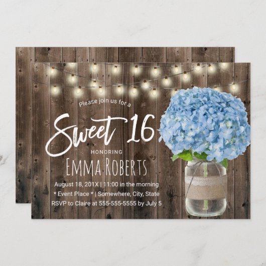 Sweet 16 Blue Hydrangea Floral Jar Rustikales Holz Einladung (Vorne/Hinten)