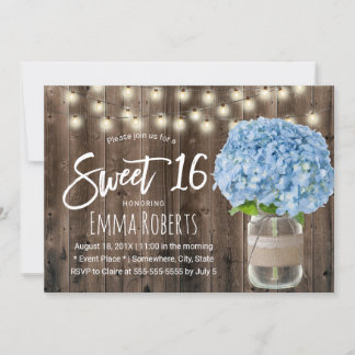Sweet 16 Blue Hydrangea Floral Jar Rustikales Holz Einladung