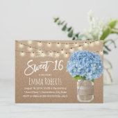 Sweet 16 Blue Hydrangea String Lights Rustic Kraft Einladung (Stehend Vorderseite)