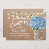 Sweet 16 Blue Hydrangea String Lights Rustic Kraft Einladung (Vorne/Hinten)