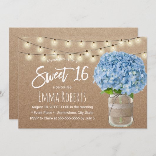 Sweet 16 Blue Hydrangea String Lights Rustic Kraft Einladung (Vorne/Hinten)