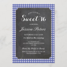 Sweet 16 Blue Karo Lights Rustikale Chalk Einladun