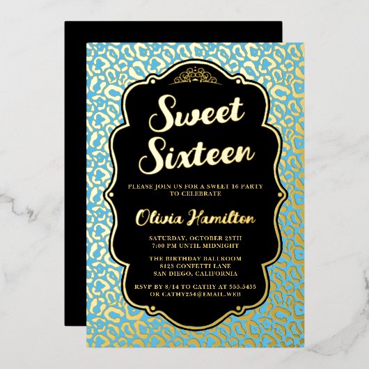 Sweet 16 Blue Leopard Foil Einladung (Vorderseite/Rückseite)