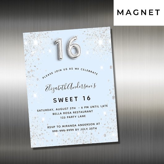 Sweet 16 blue silber Glitzer Einladungsmagnet Magnetkarte