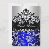 Sweet 16 Blue Silver Black Floral Jewel Party Einladung (Vorderseite)