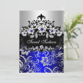 Sweet 16 Blue Silver Black Floral Jewel Party Einladung (Stehend Vorderseite)