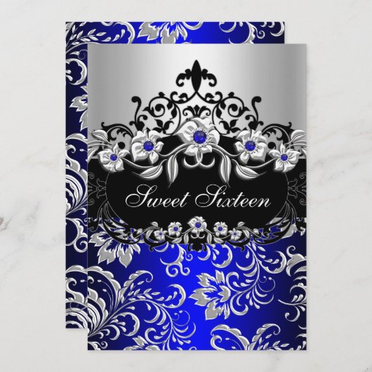 Sweet 16 Blue Silver Black Floral Jewel Party Einladung (Vorne/Hinten)