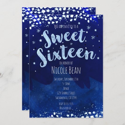Sweet 16 Blue Winter Wonderland Starry Einladungen (Vorne/Hinten)