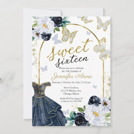 Sweet 16 Blues Navy Blue Dress Butterfly Einladung (Vorderseite)