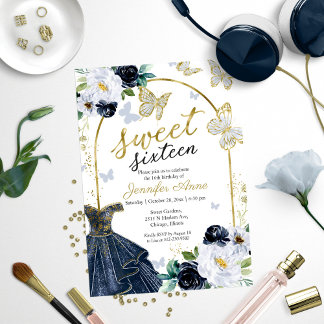 Sweet 16 Blues Navy Blue Dress Butterfly Einladung
