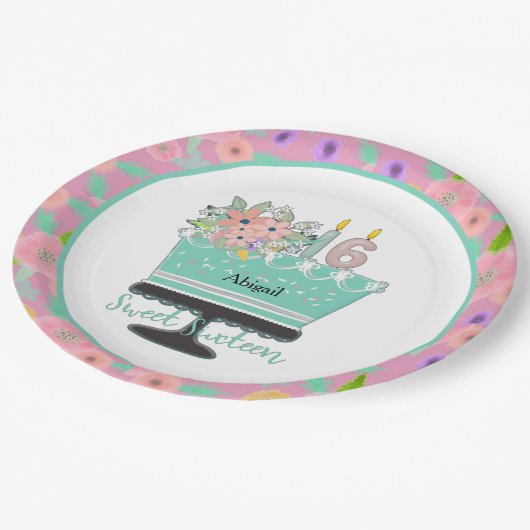 Sweet 16 Blume und Kuchenpapierplatte Pappteller (Schrägansicht)