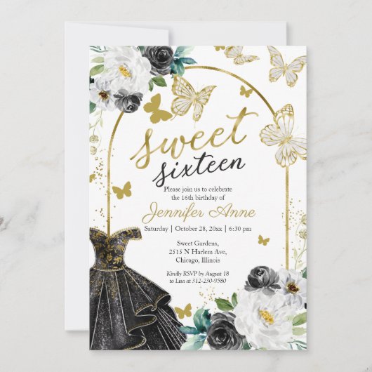 Sweet 16 Blumenkleid Butterfly Black Gold Einladung (Vorderseite)